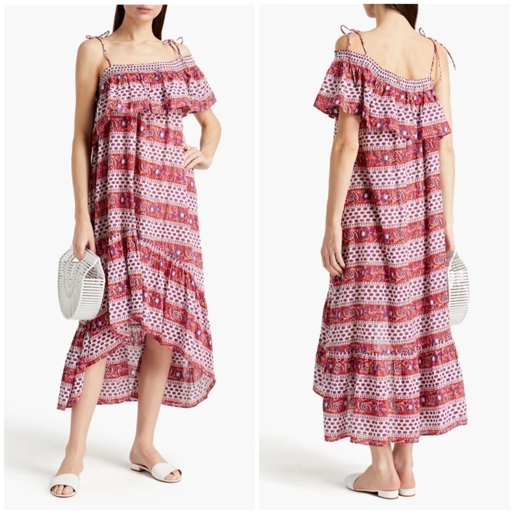 ANTIK BATIK Austin Boho Floral Asymmetrical Ruffled  Cotton Flowy Midi Dress